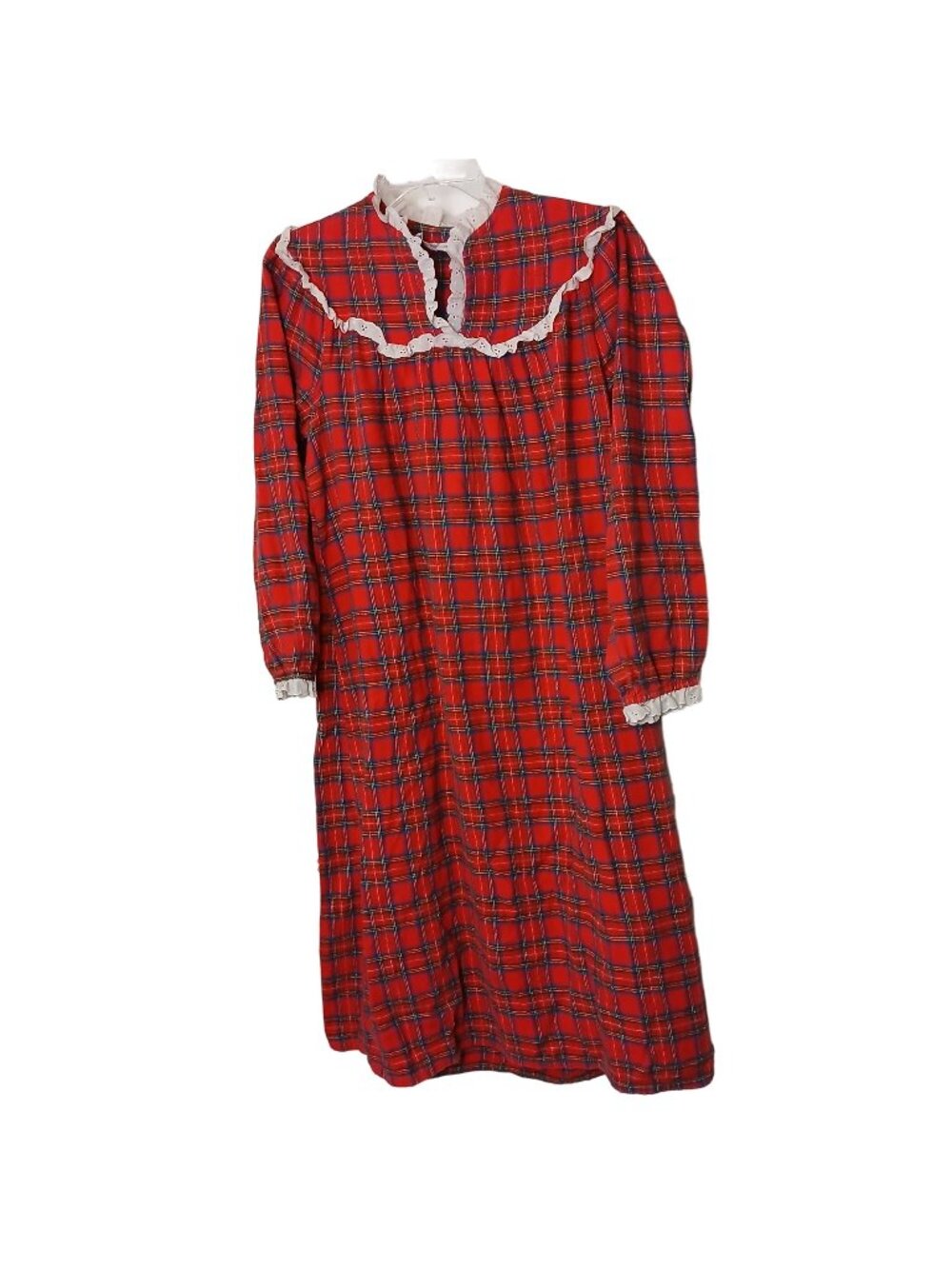 VTG  Accentuette L  Plaid Nightgown Cotton Flannel Lace Trim GrannyCore READ #I-